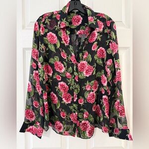 Alice + Olivia Black Shirt with Pink Floral Print